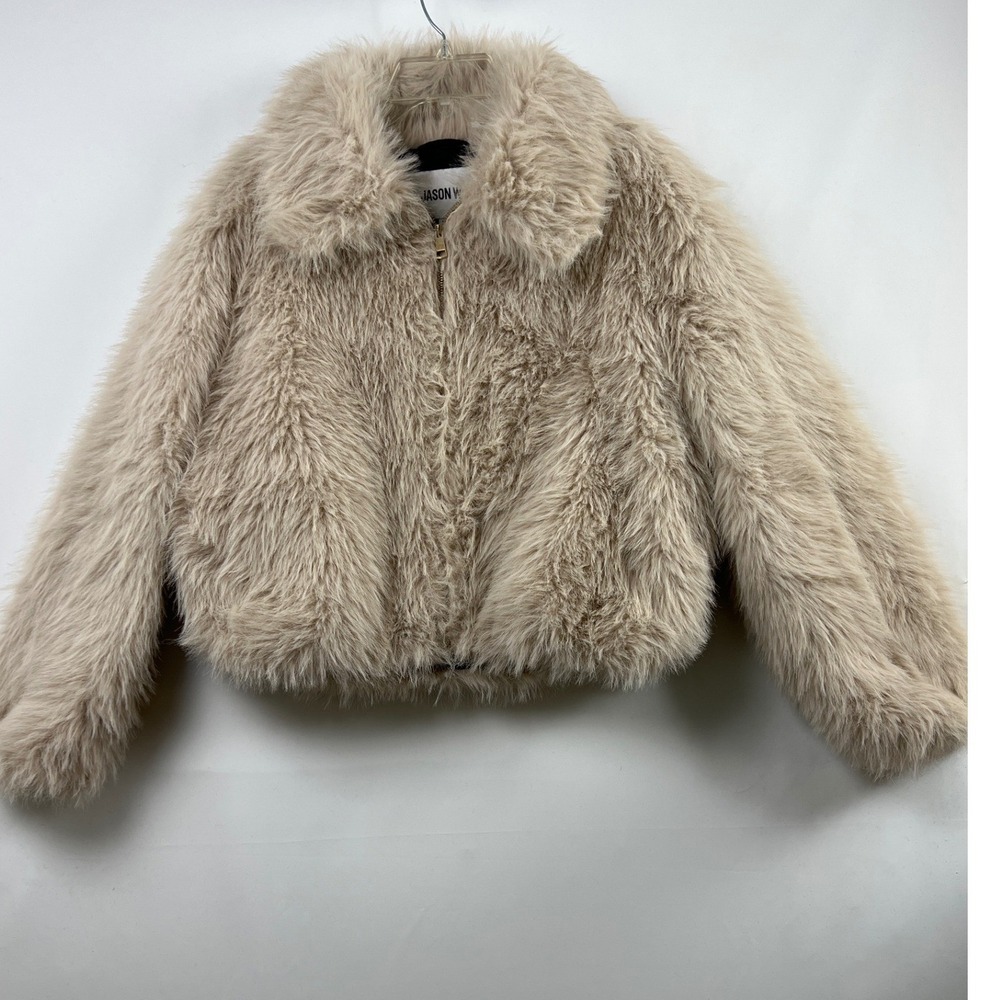 Jason Wu Faux Fur Jacket Womens Medium Beige Collared Full Zip Cropped JW-452